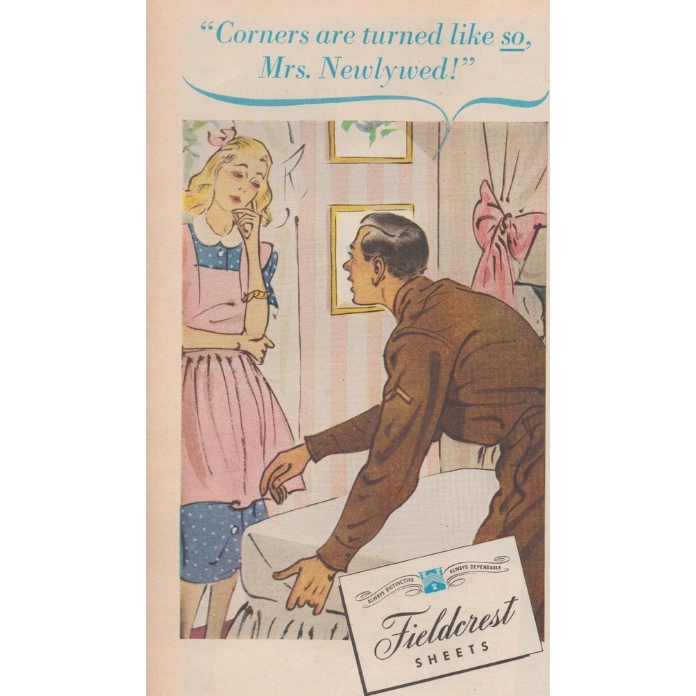 Vintage 1945 Fieldcrest Sheets World War 2 Newlywed Home Decor Print Ad